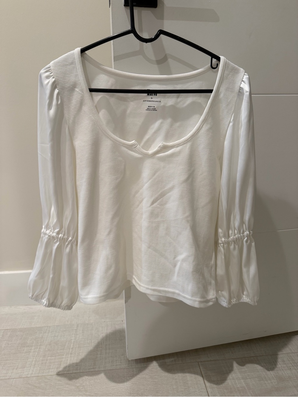 Women's White Scoop Neck Blouse with Bishop Sleeves